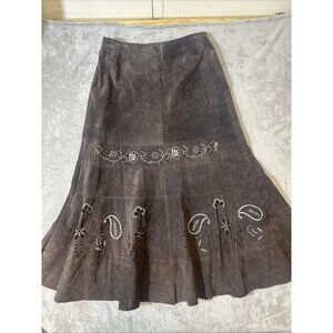Spiegel Brown Suede Leather Embroidered Skirt Paisley Boho Size 16
